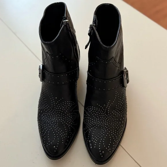 ZARA Black Leather Studded Western Ankle Boots Biker Rock Goth Grunge Booties - Picture 6 of 6